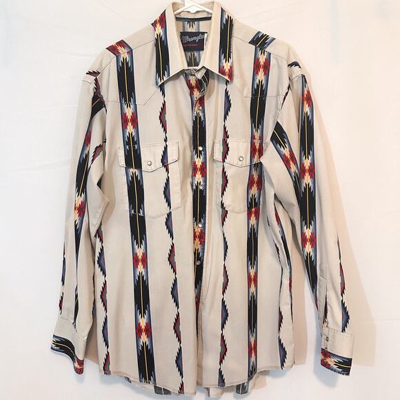VINTAGE WRANGLER 90s White Southwestern Button Up Shirt Sz. L - Picture 2 of 4